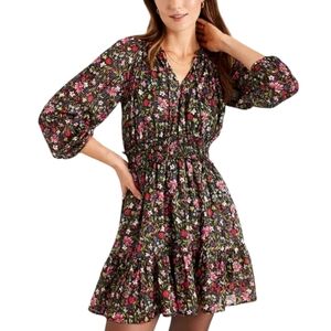 Old Navy waist defined floral shine mini Dress XL Metallic Cottage Boho Peasant